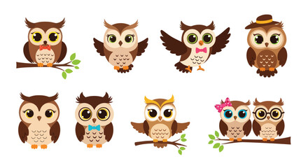 Cute owl cartoon illustration set for kids designs and educational resources