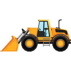 Yellow Front Loader Construction Vehicle With Bucket and Tires on Transparent Background