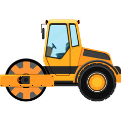 Yellow Road Roller Vehicle with Large Drum and Wheels on a Transparent Background for Construction and Paving Projects