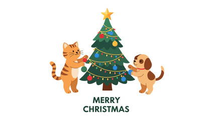 Festive Companions: A charming illustration depicts a cat and a dog collaboratively decorating a Christmas tree, radiating warmth and seasonal cheer.