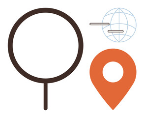 Magnifying glass, orange location pin, and globe with horizontal lines convey search, navigation, global reach, and connectivity. Ideal for travel, mapping, analytics exploration technology global
