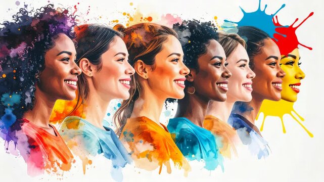 Diverse young women, watercolor portrait profiles, smiling and looking forward in vibrant colors, celebrating multiculturalism and women empowerment