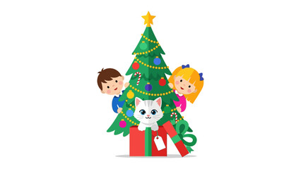 Christmas Cheer: Two children and a charming kitten share a moment of wonder and joy with Christmas decorations, nestled amidst gifts and holiday greenery. 