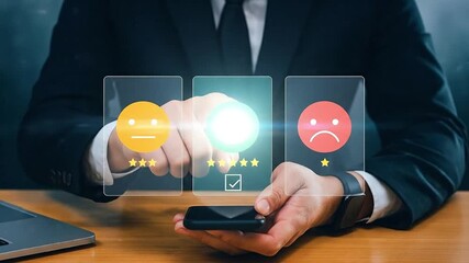 Professional hand selecting five-star rating on a glowing virtual feedback interface, symbolizing excellent customer service and satisfaction exper... - Powered by Adobe