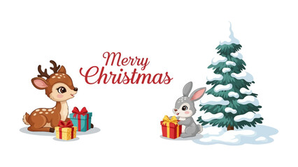 Festive Deer and Bunny: A charming Christmas scene featuring a spotted deer and a fluffy bunny, surrounded by colorful presents and a snow-covered fir tree.