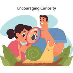 Adult and child observing a snail with a magnifying glass outdoors with lush green foliage and soft blue sky accents encouraging curiosity and discovery in a colorful illustration
