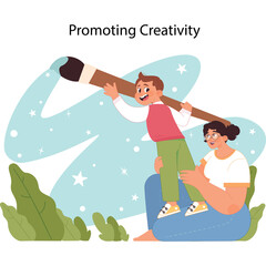 Adult and child looking through a giant paintbrush as a telescope exploring a starry sky with green foliage and abstract shapes Promoting Creativity concept