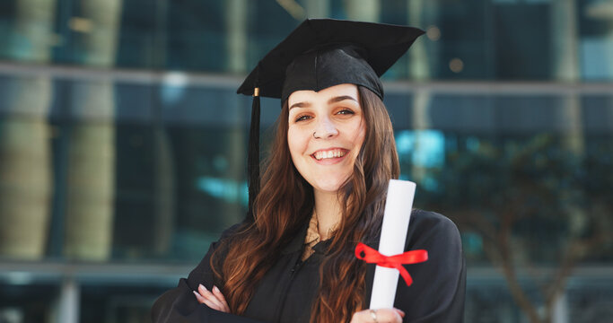 Happy woman, portrait and student with certificate for graduation, university or qualification. Female person, graduate and smile with diploma or degree for academic achievement, milestone or success - Powered by Adobe