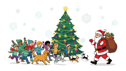 Santa's Arrival: A joyous scene of Santa Claus arriving, leading a group of excited children, adorned with colorful gifts and a Christmas tree that represents the magic of the holiday. 