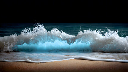 a captivating shot of the ocean waves crashing against the shore, with the illuminated water creating a stunning effect