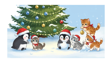 Christmas Scene with Penguin and Cats: A heartwarming Christmas scene unfolds as adorable penguins and playful kittens gather around a decorated Christmas tree.