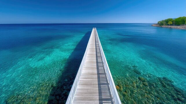 A Clean Tropical Pier Extending Over Turquoise Ocean Waters on a Clear Sunny Day with Lush Greenery in the Distance