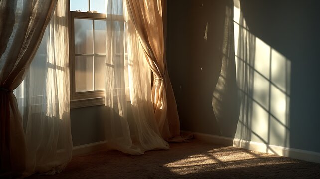Sheer curtains diffuse afternoon sunlight onto off-white corner wall, soft tones and minimal airy balance ideal for presentation or branding layouts
