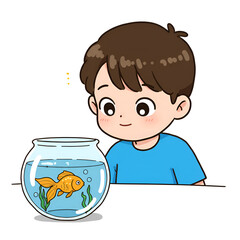 Boy looking at goldfish in bowl illustration
