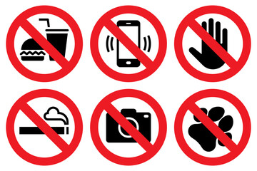 No eating and drinks allowed, No cell phone zone, Do not touch, No smoking, No photography, No pets sign, stop, ban or prohibited icon set for public safety notices.
