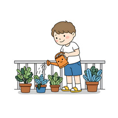 Child Watering Potted Plants on Balcony