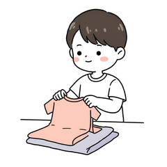 Boy folding clothes at home, chores concept