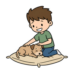 Boy petting his puppy dog resting on a cushion