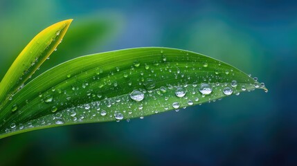 Close up macro photography of a vibrant green leaf covered in sparkling water droplets after rain with a softly blurred teal and green bokeh background