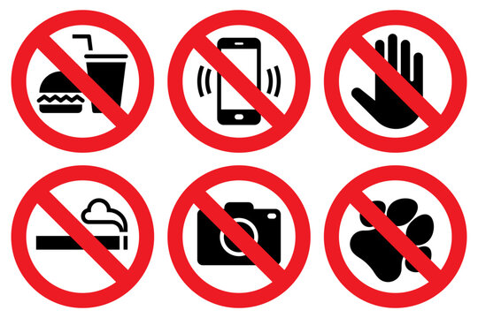 No eating and drinks allowed, No cell phone zone, Do not touch, No smoking, No photography, No pets sign, stop, ban or prohibited icon set for public safety notices.