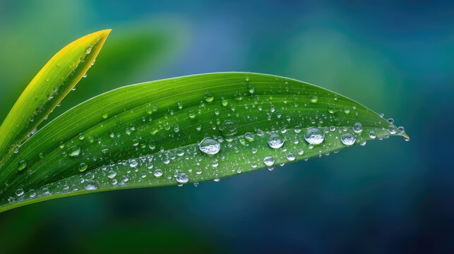 Close up macro photography of a vibrant green leaf covered in sparkling water droplets after rain with a softly blurred teal and green bokeh background