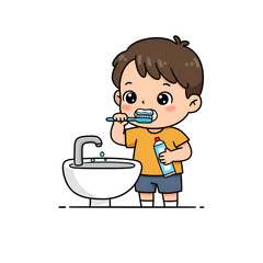Boy brushing teeth with toothpaste at sink for dental hygiene