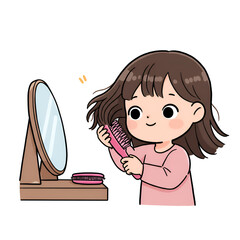Cartoon girl brushing her hair in front of a mirror