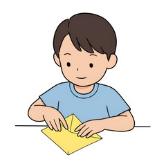 Boy folding origami paper, arts and crafts concept