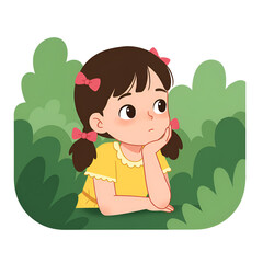Cartoon girl daydreaming with thoughtful expression