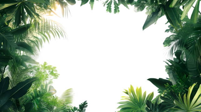 Lush green foliage frame with a dark center creating a natural border of tropical plants and leaves