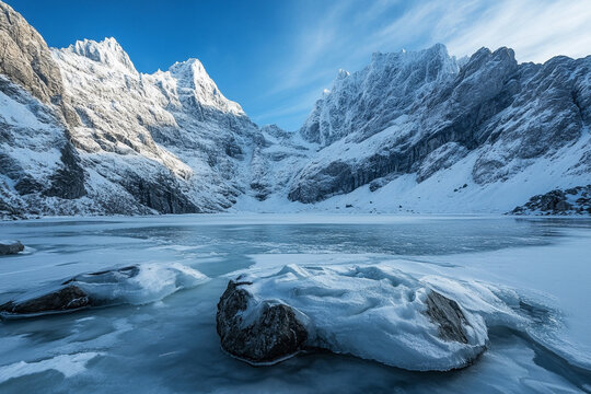 frozen mountain lake, where jagged ice formations contrast with towering snowy peaks