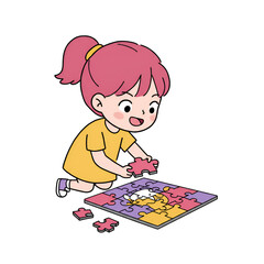 Girl putting puzzle pieces together, completing jigsaw