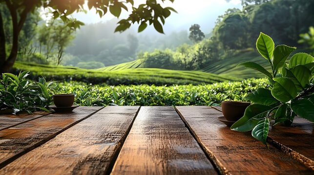 Serene tea garden view with lush green hills and wooden table in the foreground during a sunny afternoon