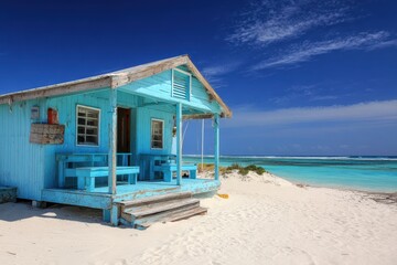 Fototapeta premium Tropical Beach Bar in Anegada: A Serene Escape by the Sea with Stunning Blue Skies and Ocean Views