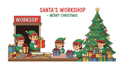 Santa's Workshop: A charming illustration capturing the spirit of Christmas, showing industrious elves at work, surrounded by brightly wrapped presents and festive decorations.