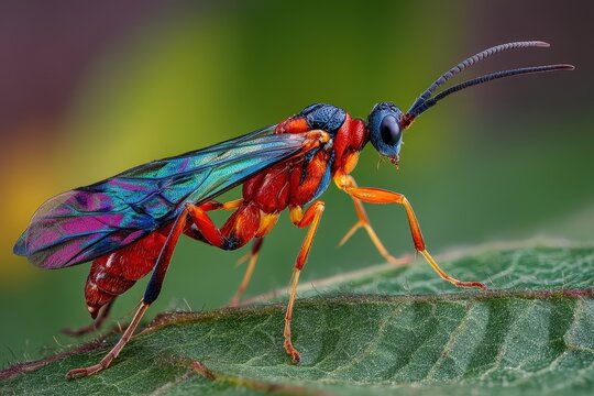 Vibrant Braconid Wasp Prowling Through Lush Tree Foliage: A Macro Study of Colorful Parasites in Nature