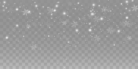 White glowing snowflakes and bright sparkle dust on transparent background. Shimmering festive light particles, magic holiday stars, and winter design. Vector effect. © kulinskaia