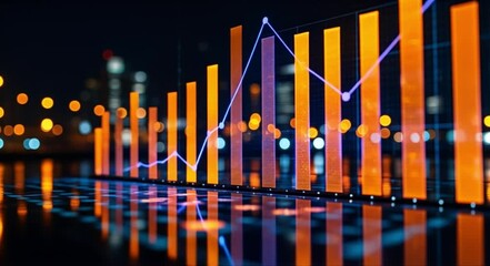 Futuristic financial graph with glowing bars and line chart on a dark city background - Powered by Adobe