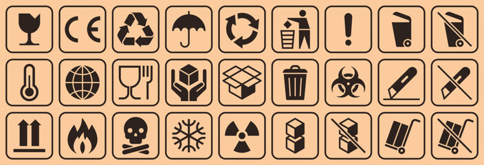 Cardboard packaging icon set. Package sign labels. Common packaging, warning symbol set.