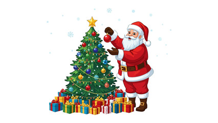 Santa's Festive Touch: A jolly Santa Claus is shown adorning a Christmas tree, preparing for the holiday season with colorful ornaments and wrapped presents at the bottom.