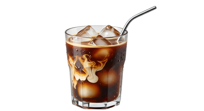 Refreshing iced coffee with cream and metal straw isolated on transparent background