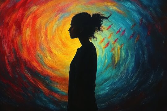 Psilocybin therapy Self-compassion aphantasia Microdosing Mindbloom Mindright 1440 Daily Digest Liminal Starryai A stylized image of person standing tall against backdrop swirling colors representing