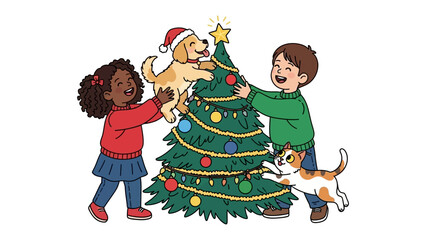 Festive Friends: Joyful children and pets collaboratively decorate a Christmas tree, radiating warmth, cheer, and the spirit of the season.
