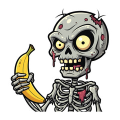 Funny cartoon zombie craving a healthy banana snack for brain power this Halloween
