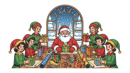 Santa's Workshop: Santa Claus, surrounded by elves, diligently wraps gifts in his cozy workshop, a flurry of holiday magic in preparation for Christmas.