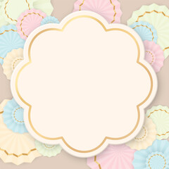 Blank 3D abstract flower frame with pastel bows on beige square background.
