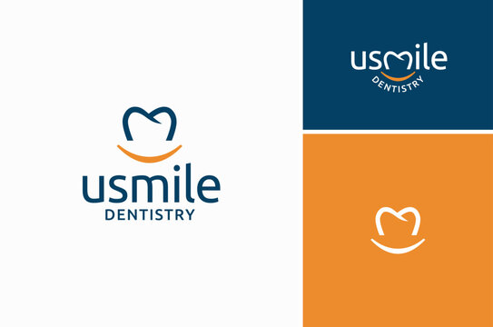 Initial Letter M as Tooth with Smile Icon for dentist dental dentistry orthodontic pediatric logo design