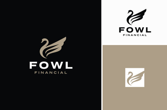 Fowl Bird Goose Swan Silhouette with Wings Initial Letter F Logo Design