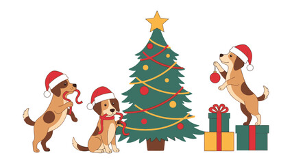 Festive Friends and Holiday Cheer: Three playful pups in Santa hats decorate a Christmas tree with ornaments, surrounded by wrapped gifts, creating a charming scene of holiday joy and togetherness.
