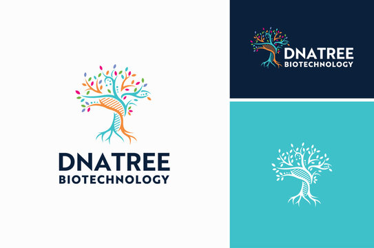Modern Tree with DNA Helix Chains and Leaves for biology science logo design